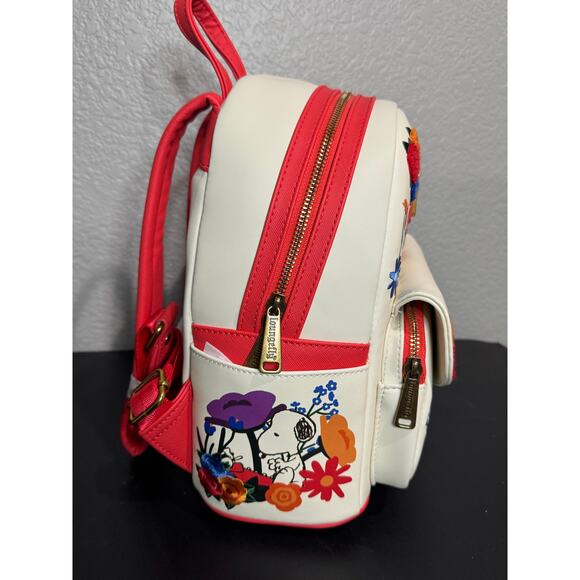 Loungefly Peanuts Snoopy Red White Embroidered Flowers Floral Mini Backpack NWT main image 5